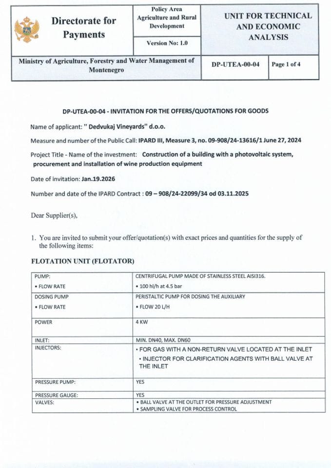 Call for bids- Flotation unit - Dedvukaj Vineyards doo