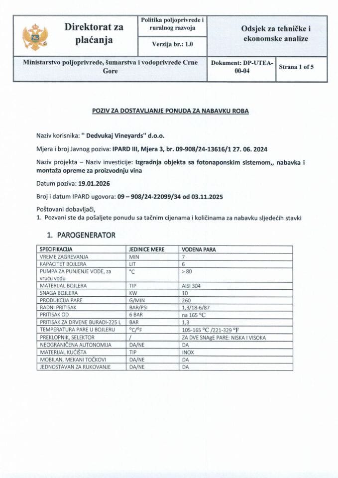Poziv za ponude - Parogenerator - Dedvukaj Vineyards doo