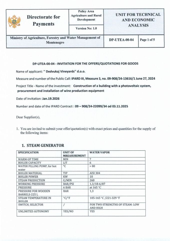 Call for bids - Steam generator - Dedvukaj Vineyards doo