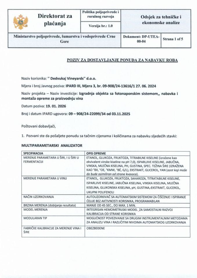 Poziv za ponude - Multiparametarski analizator - Dedvukaj Vineyards doo