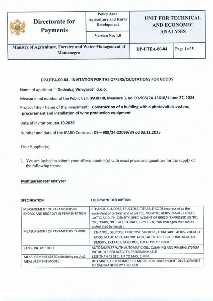 Call for bids - Multiparameter analyzer - Dedvukaj Vineyards doo