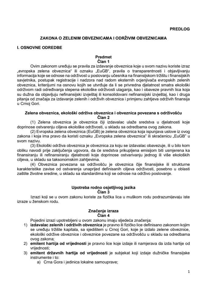 Predlog zakona o zelenim obveznicama i održivim obveznicama s Izvještajem sa javne rasprave