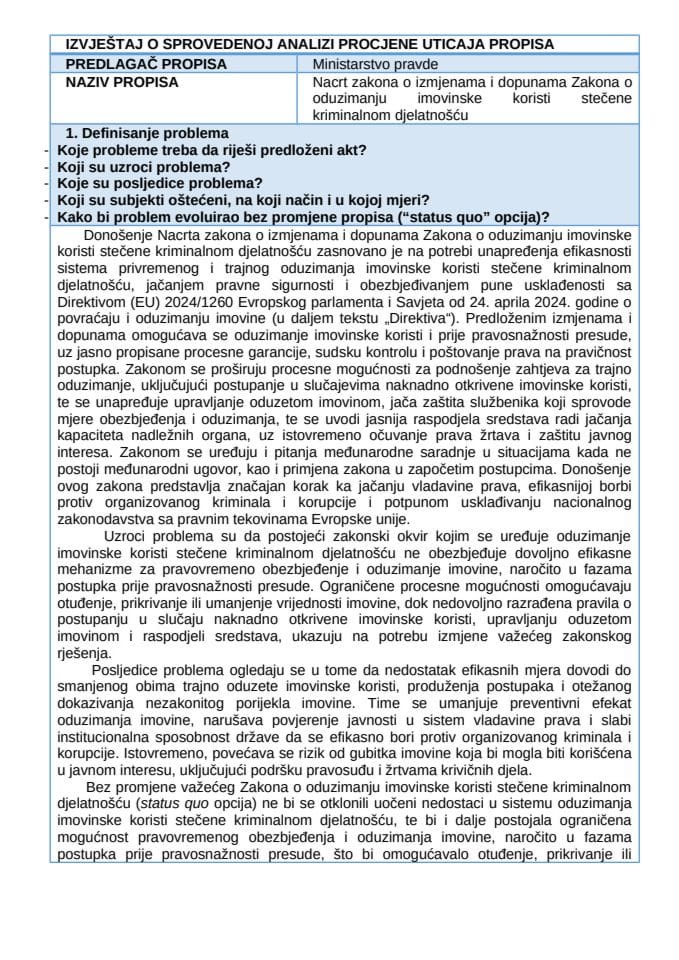 RIA obrazac_Predlog zakona o izmjenama i dopunama Zakona o oduzimanju imovinske koristi stečene kriminalnom djelatnošću
