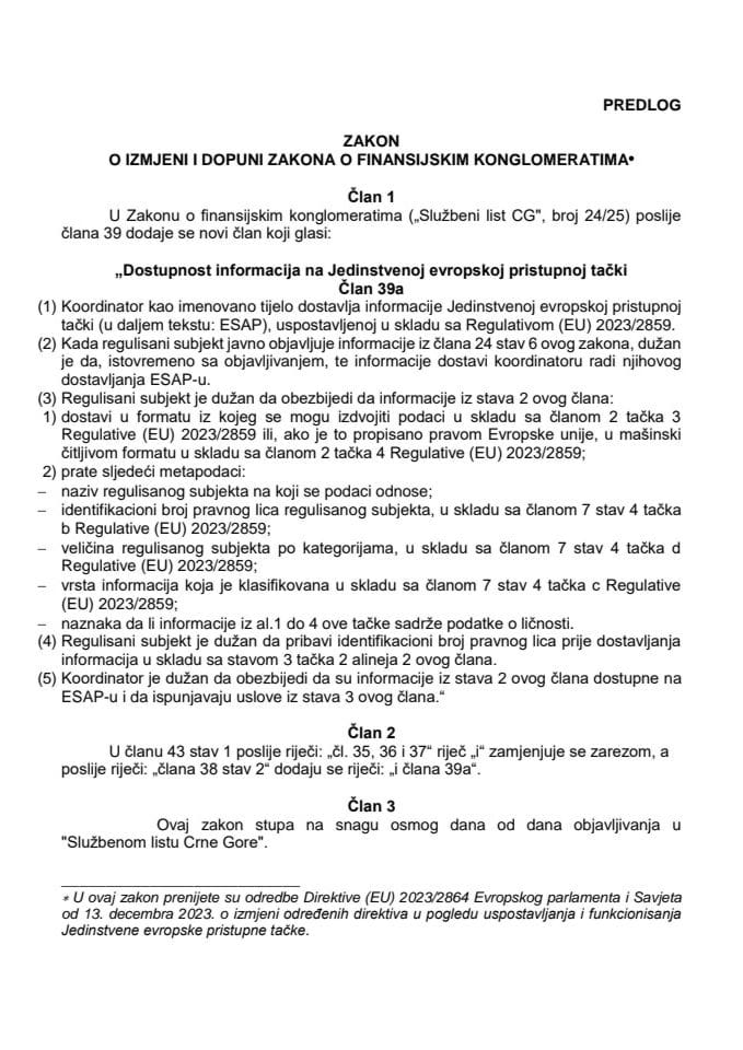 Predlog zakona o izmjeni i dopuni Zakona o finansijskim konglomeratima* s Izvještajem sa javne rasprave