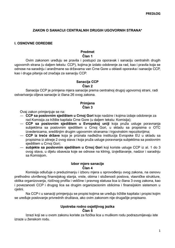 Predlog zakona o sanaciji centralnih drugih ugovornih strana* s Izvještajem sa javne rasprave