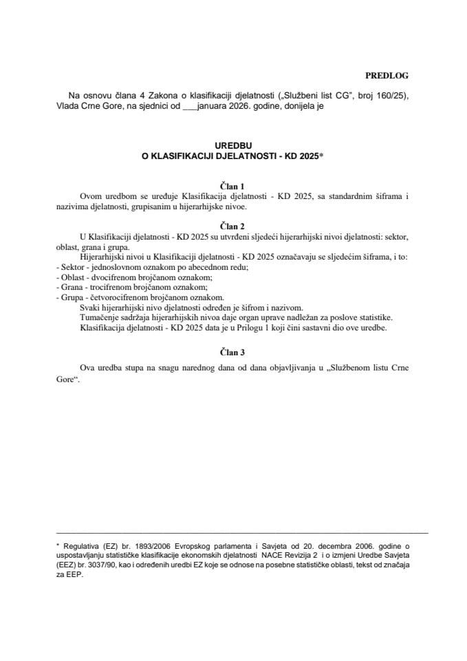Predlog uredbe o klasifikaciji djelatnosti KD – 2025*