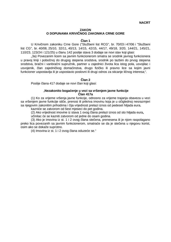 Нацрт закона о допунама Кривичног законика Црне Горе