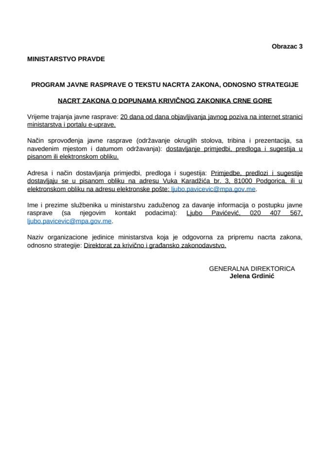 Програм јавне расправе_Нацрт закона о допунама Кривичног законика Црне Горе