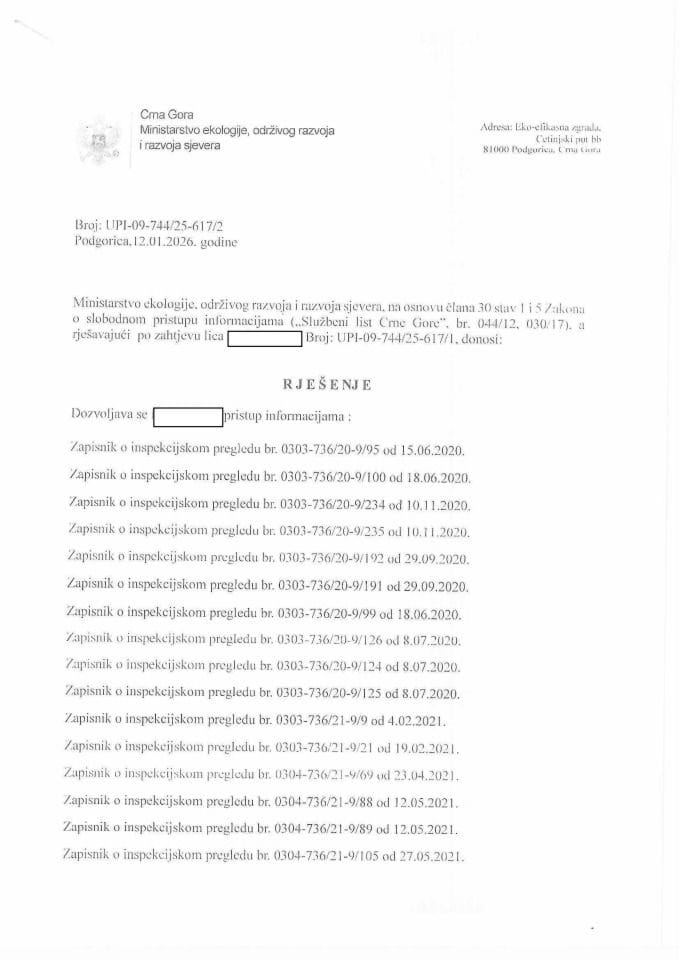 Rjesenje po zahtjevu br. UPI-09-744-25-617-2 od 12.01.2026