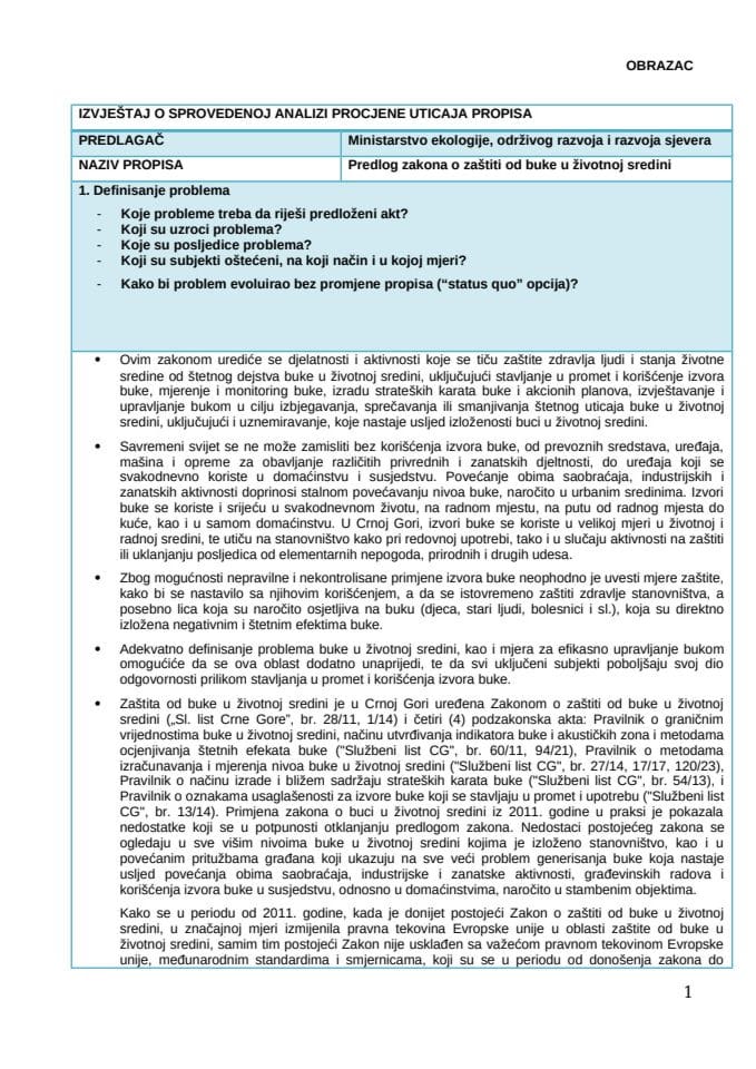 3 Izvještaj o sprovedenoj analizi procjene uticaja propisa (RIA)-Predlog zakona o zaštiti od buke u životnoj sredini