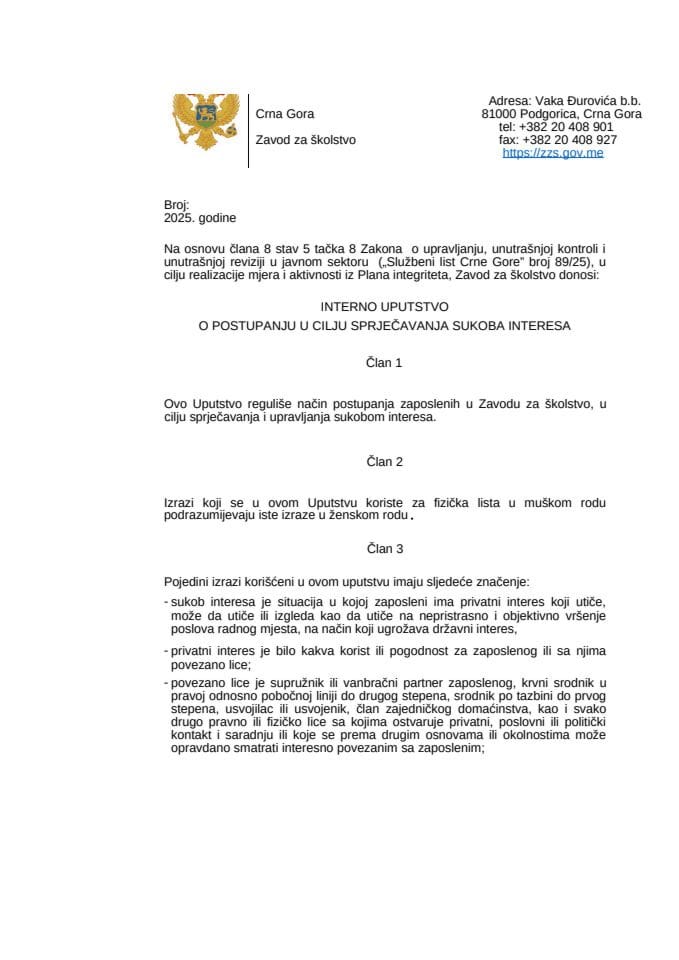 INTERNO UPUTSTVO O POSTUPANJU U CILJU SPRJEČAVANJA SUKOBA INTERESA