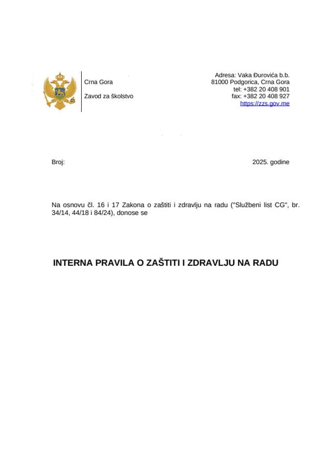 INTERNA PRAVILA O ZAŠTITI I ZDRAVLJU NA RADU