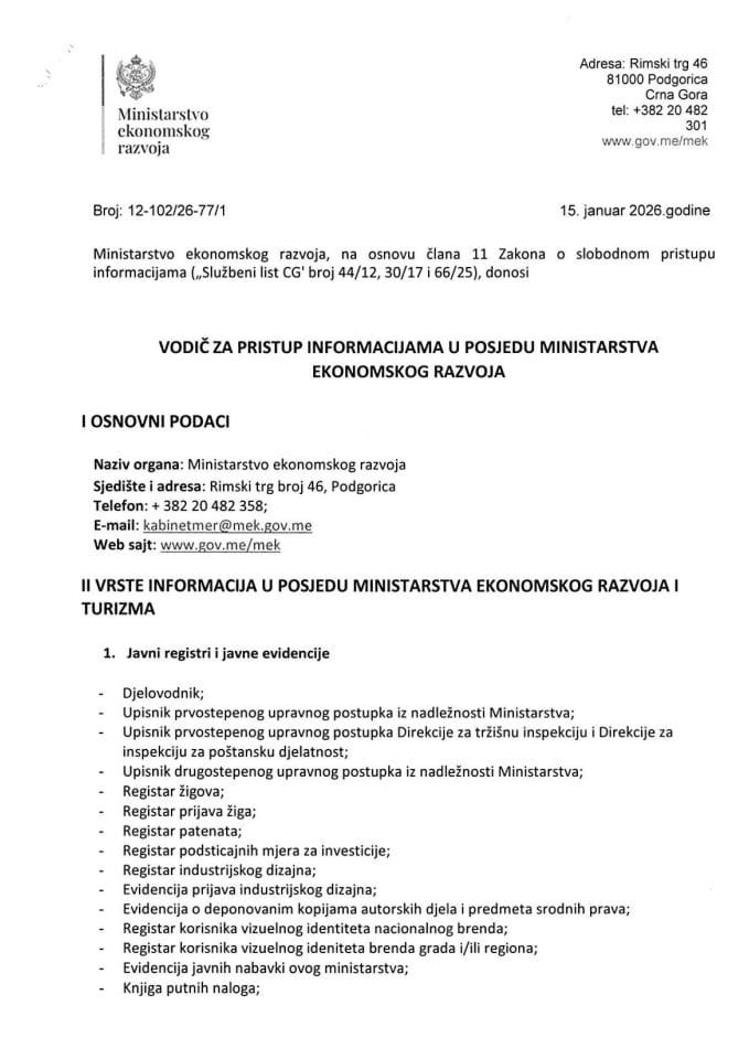 Vodič za pristup informacijama u posjedu Ministarstva ekonomskog razvoja - 2026