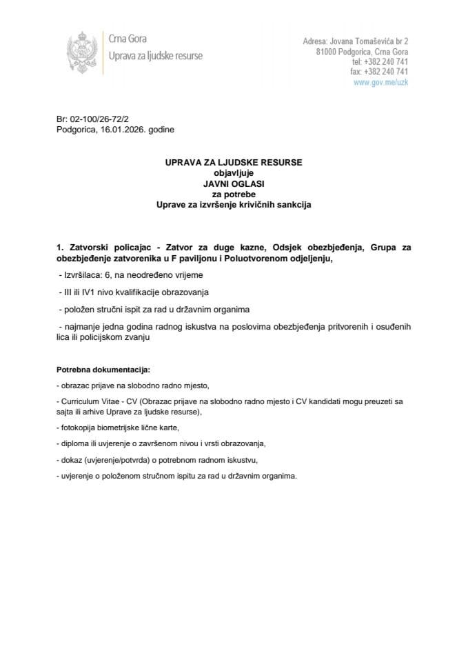 Javni oglas 19.1.2026. godine