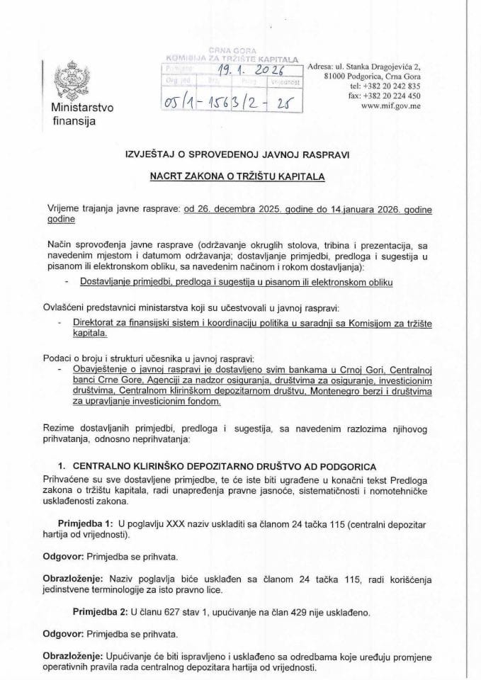 Izvještaj o sprovedenoj javnoj raspravi za Nacrt zakona o tržištu kapitala