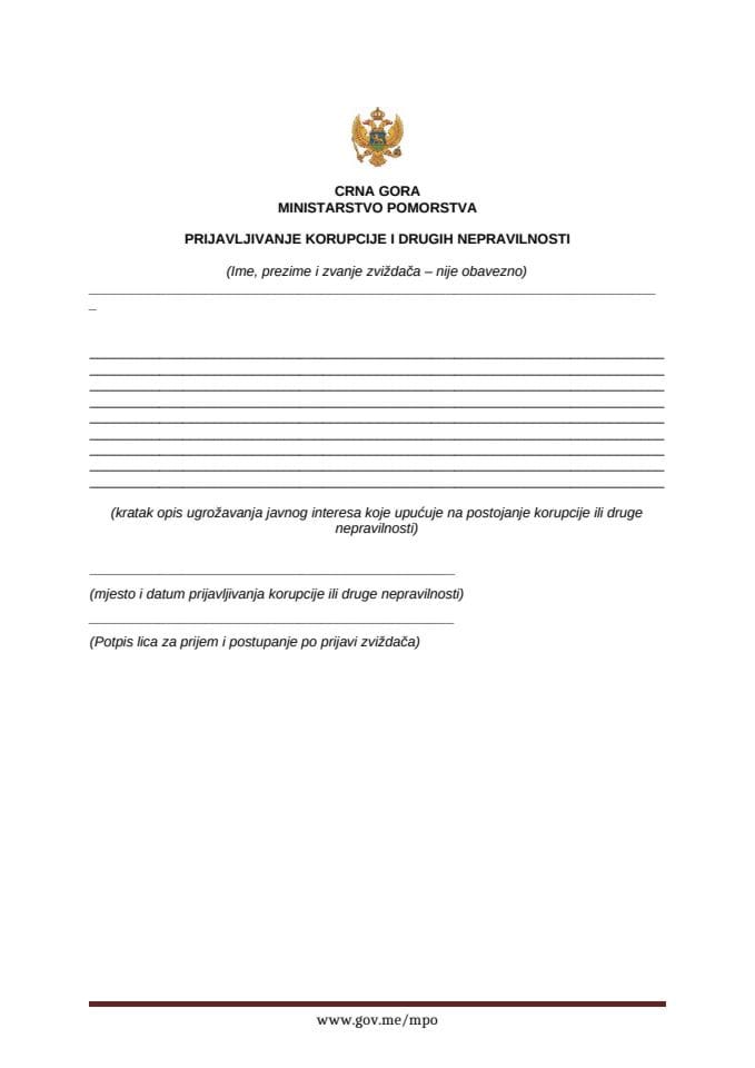Obrazac za prijavljivanje korupcije i drugih nepravilnosti