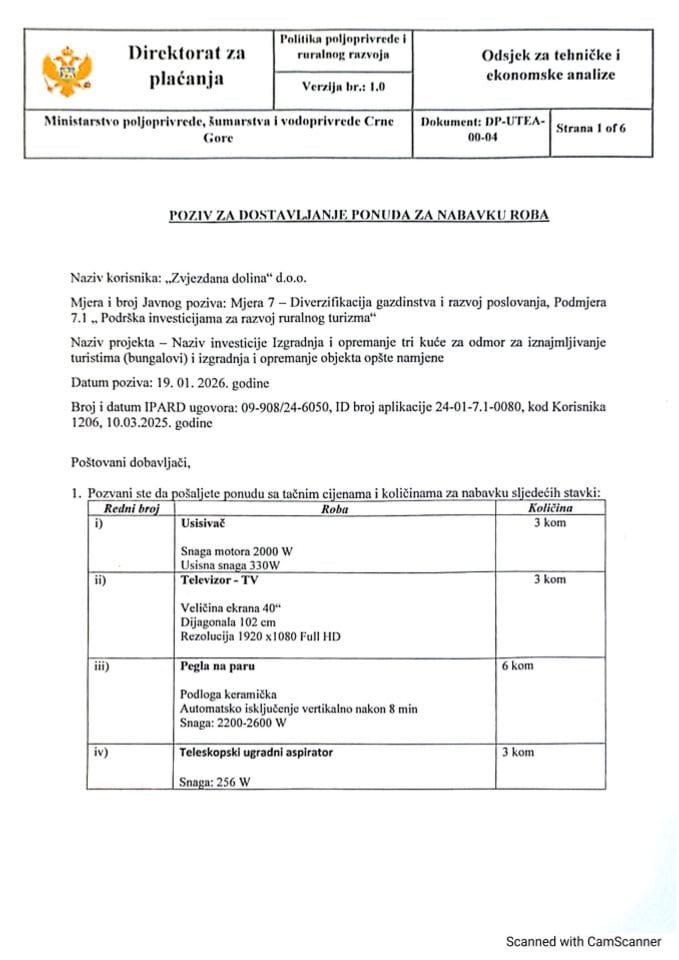 Poziv za dostavljanjem ponude 19.01.2026.