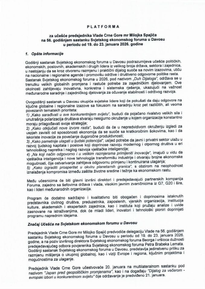 Predlog platforme za učešće predsjednika Vlade Crne Gore mr Milojka Spajića na 56. godišnjem sastanku Svjetskog ekonomskog foruma u Davosu, u periodu od 19. do 23. januara 2026. godine
