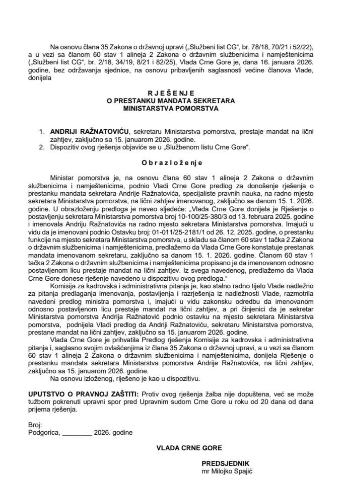 Predlog za prestanak mandata sekretara Ministarstva pomorstva