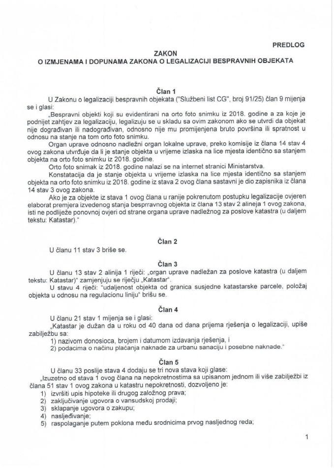 Predlog zakona o izmjenama i dopunama Zakona o legalizaciji bespravnih objekata