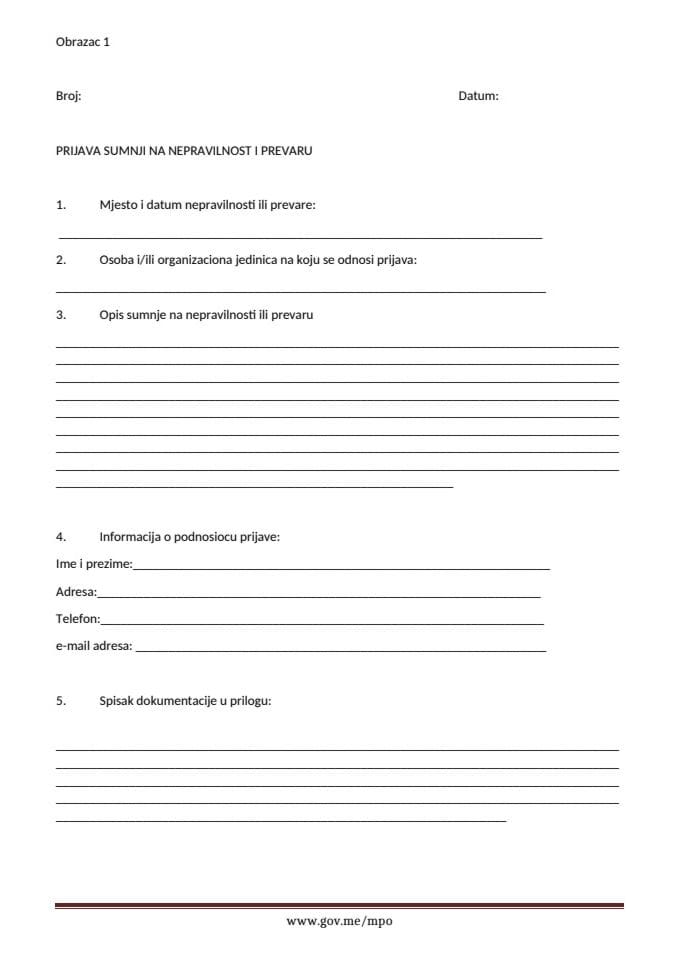 Obrazac za prijavljivanje sumnji na nepravilnost i prevaru
