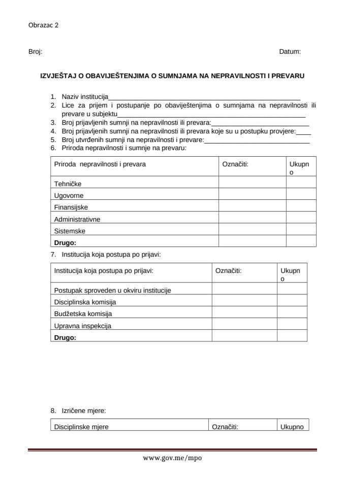 Obrazac - Izvještaj o obaviještenjima o sumnjama na nepravilnosti i prevaru