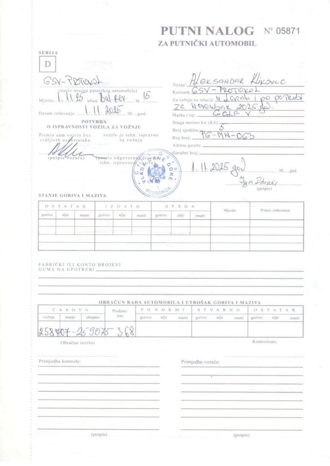 Putni nalozi za korišćenje službenih vozila u periodu od 01.11. do 30.11.2025. godine