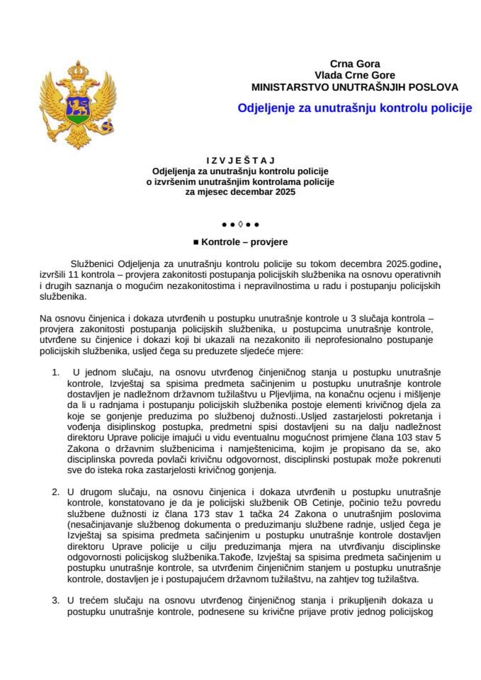 Izvještaj o postupanju po pritužbama i kontrolama za decembar 2025. godine