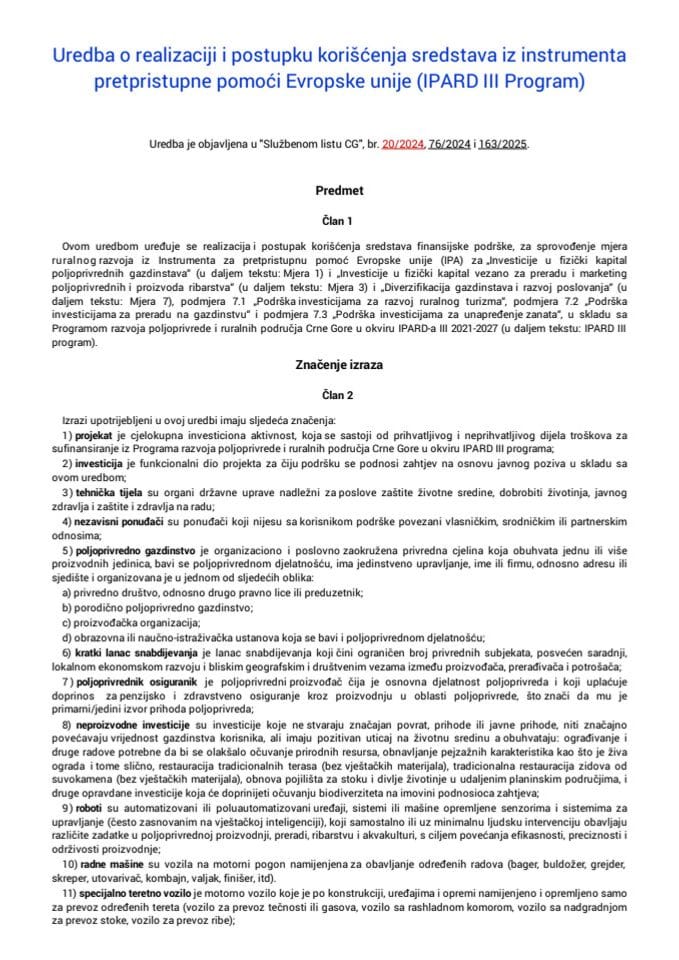 Uredba za IPARD III - mjere 1, 3 i 7