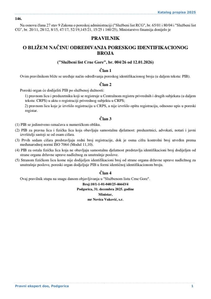 Pravilnik o bližem načinu određivanja poreskog identifikacionog broja