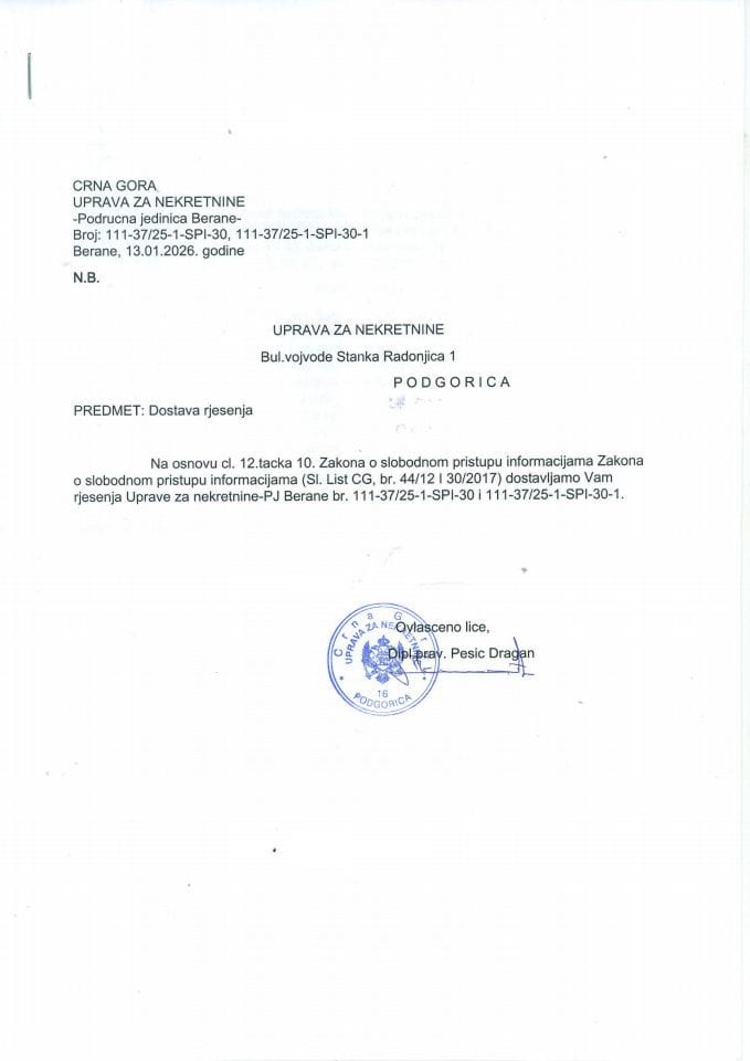 Rješenja o slobodnom pristupu informacijama - 19.01.2026.
