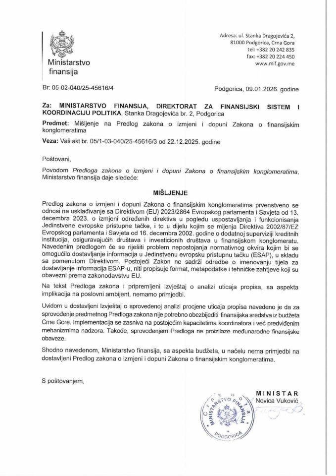 Mišljenje na Predlog zakona o izmjeni i dopuni Zakona o finansijskim konglomeratima