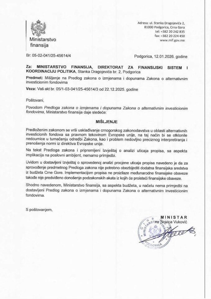 Mišljenje na Predlog zakona o izmjenama i dopunama Zakona o alternativnim investicionim fondovima