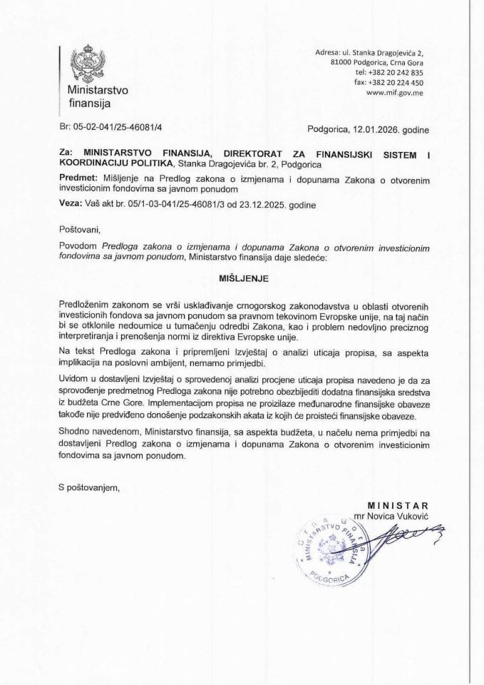 Mišljenje na Predlog zakona o izmjenama i dopunama Zakona o otvorenim investicionim fondovima sa javnom ponudom