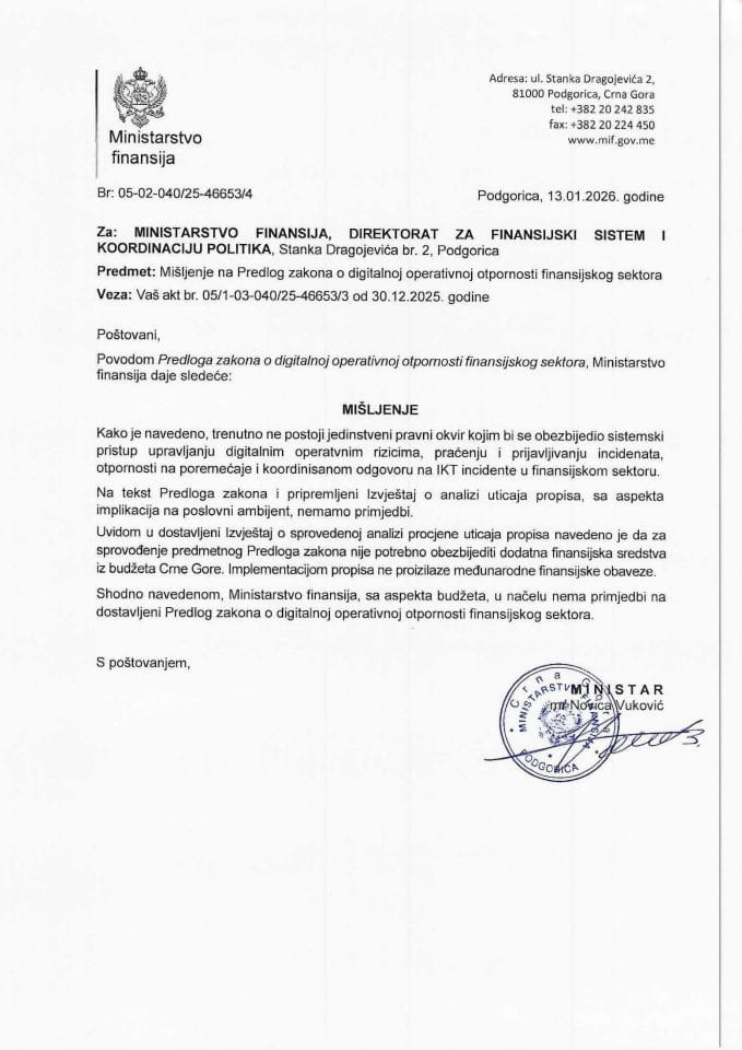 Mišljenje na Predlog zakona o digitalnoj operativnoj otpornosti finansijskog sektora