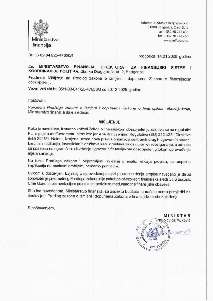 Mišljenje na Predlog zakona o izmjeni i dopunama Zakona o finansijskom obezbjeđenju