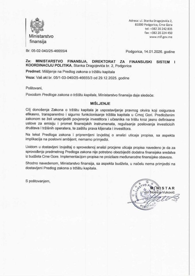 Mišljenje na Predlog zakona o tržištu kapitala