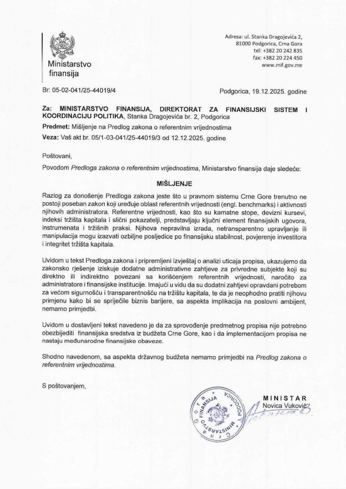 Mišljenje na Predlog zakona o referentnim vrijednostima