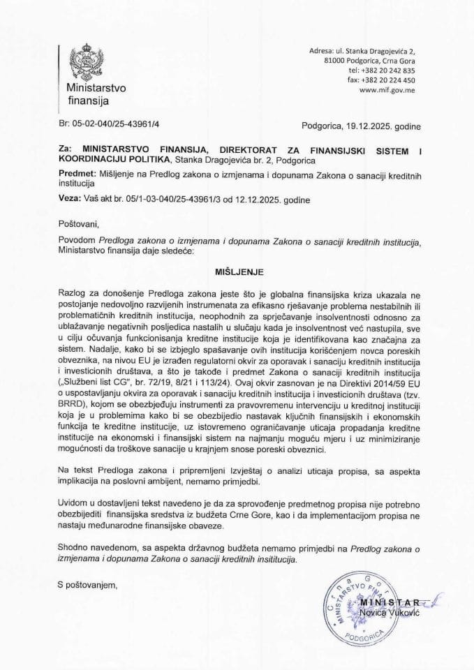 Mišljenje na Predlog zakona o izmjenama i dopunama Zakona o sanaciji  kreditnih institucija