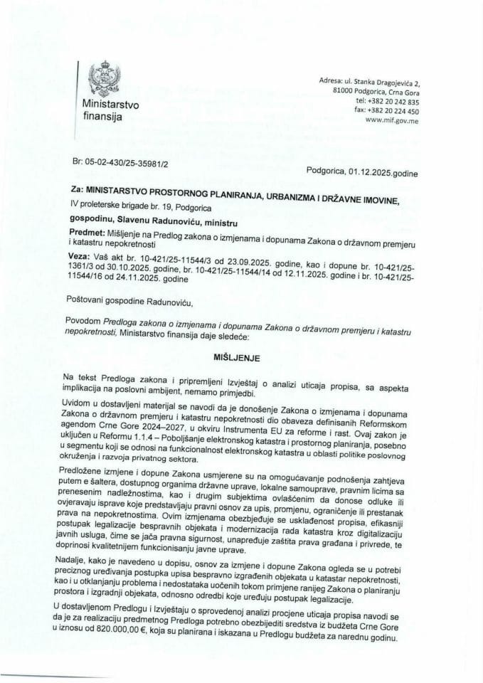 Mišljenje na Predlog zakona o izmjenama i dopunama Zakona o državnom premjeru i katastru nepokretnosti