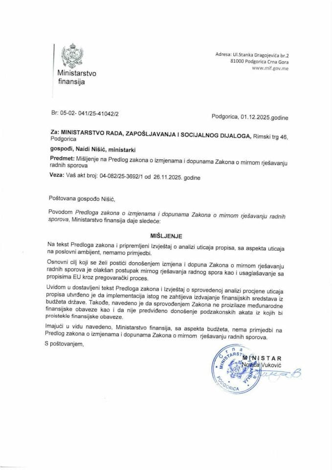 Mišljenje na Predlog zakona o izmjenama i dopunama Zakona o mirnom rješavanju radnih sporova