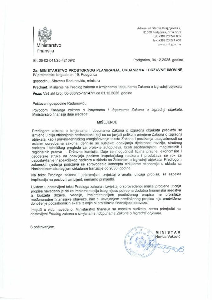 Mišljenje na Predlog zakona o izmjenama i dopunama Zakona o izgradnji objekata