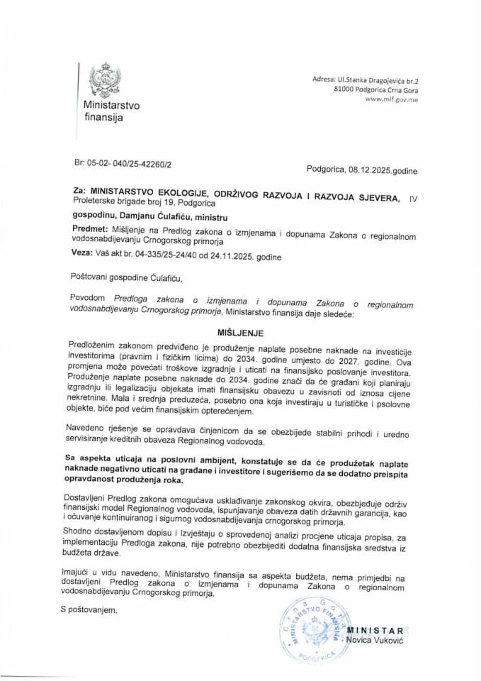 Mišljenje na Predlog zakona o izmjenama i dopunama Zakona o regionalnom vodosnabdijevanju Crnogorskog primorja