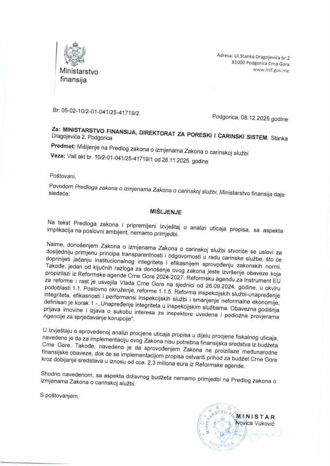 Mišljenje na Predlog zakona o izmjenama Zakona o carinskoj službi