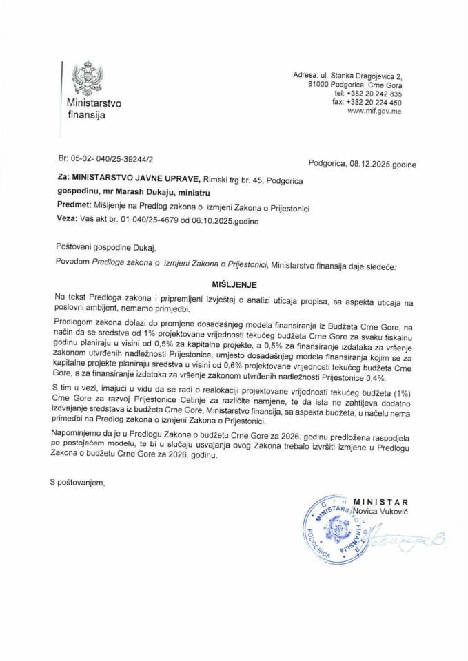 Mišljenje na Predlog zakona o izmjeni Zakona o Prijestonici