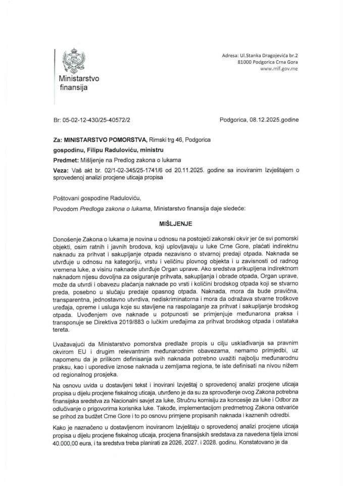 Mišljenje na Predlog zakona o lukama