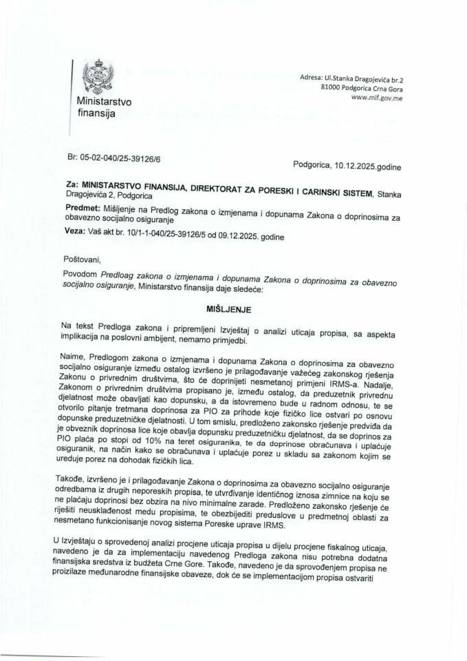 Mišljenje na Predlog zakona o izmjenama i dopunama Zakona o doprinosima za obavezno socijalno osiguranje