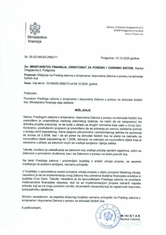 Mišljenje na Predlog zakona o izmjenama i dopunama Zakona o porezu na dohodak