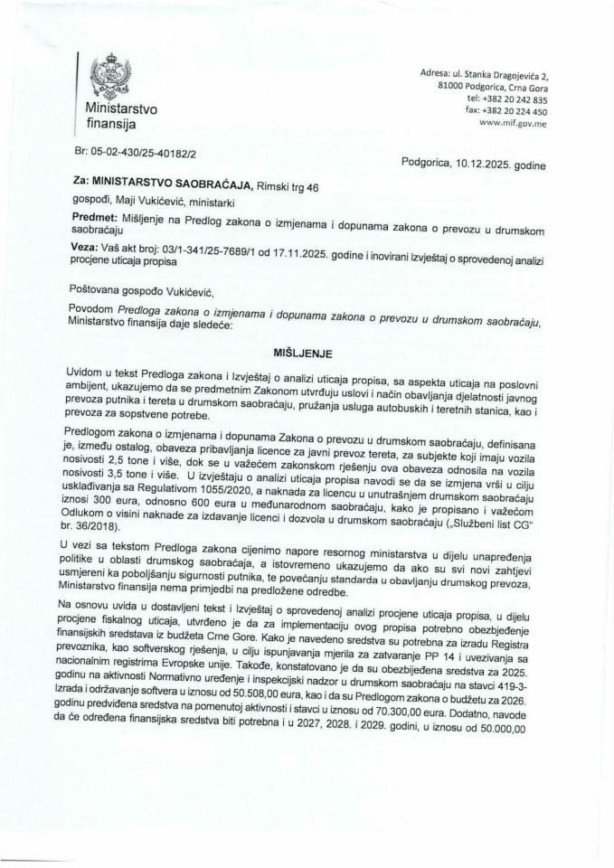 Mišljenje na Predlog zakona o izmjenama i dopunama Zakona o prevozu u drumskom saobraćaju