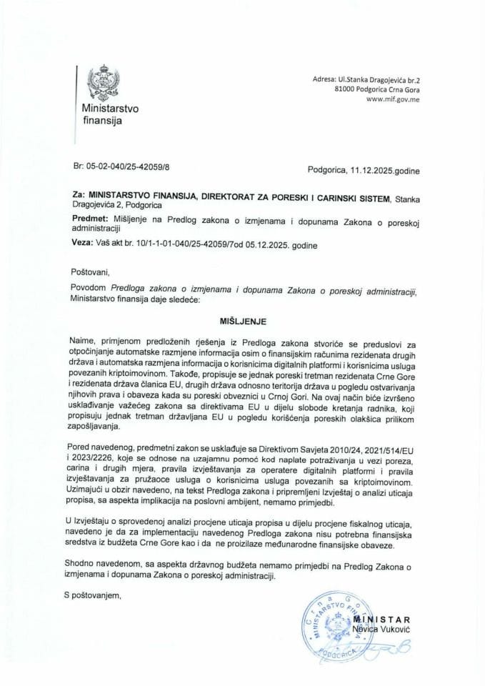 Mišljenje na Predlog zakona o izmjenama i dopunama Zakona o poreskoj administraciji